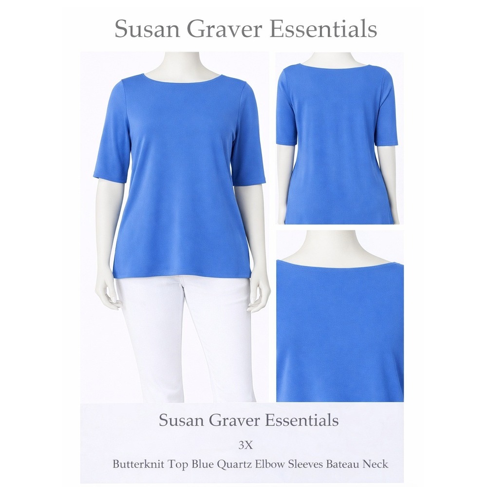 Susan Graver Essentials‎ 3X Butterknit Top Blue Quartz Elbow Sleeve Bateau